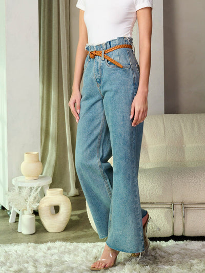 WOMEN'S BUTTON CLOSURE HIGH WAIST BELTED DENIM PANTS