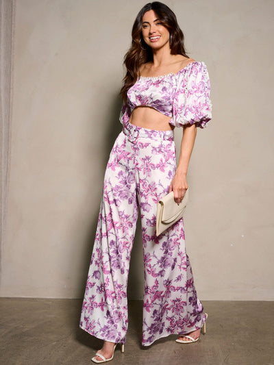 WOMEN'S SHORT SLEEVE CROP TOP & BELTED PANTS FLORAL 2PC. SET