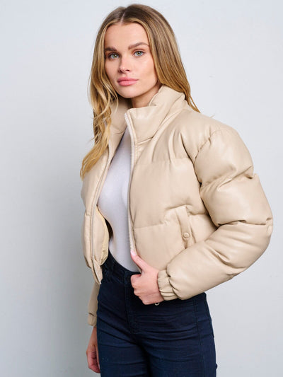 WOMEN'S LONG SLEEVE ZIP UP FRONT POCKETS PUFFER PU PLEATHER JACKET