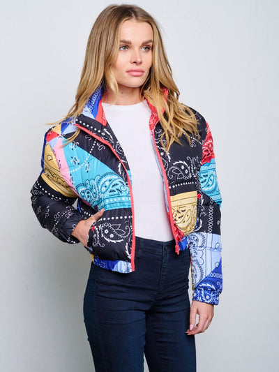 WOMEN'S LONG SLEEVE ZIP UP FRONT POCKETS PUFFER MULTI PRINT JACKET