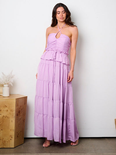 WOMEN'S SLEEVELESS HALTER NECK RUFFLE TIERED MAXI DRESS