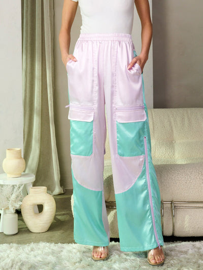 WOMEN'S ELASTIC WAIST POCKETS COLORBLOCK ZIPPER DETAILED WIDE LEG PANTS