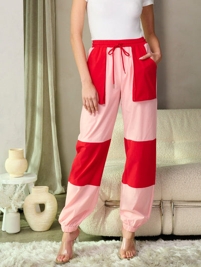 WOMEN'S ELASTIC WAIST POCKETS COLORBLOCK JOGGER PANTS