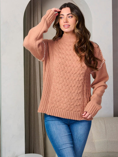 WOMEN'S LONG SLEEVE MOCK NECK TRIM DETAILED PULLOVER SWEATER