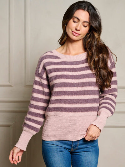 WOMEN'S LONG SLEEVE COLORBLOCK STRIPES PULLOVER SWEATER