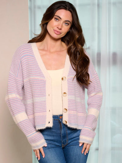 WOMEN'S LONG SLEEVE BUTTON UP COLORBLOCK STRIPES SWEATER CARDIGAN