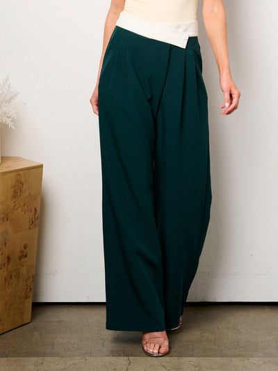 WOMEN'S BUTTON CLOSURE PLEATED WIDE LEG PALAZZO PANTS