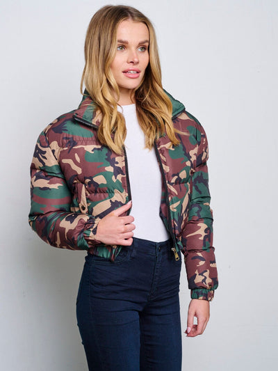 WOMEN'S LONG SLEEVE ZIP UP FRONT POCKETS PUFFER CAMO PRINT JACKET