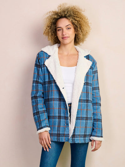 WOMEN'S LONG SLEEVE POCKETS BUTTON CLOSURE PLAID SHERPA JACKET