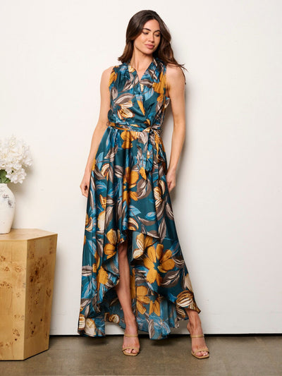 WOMEN'S SLEEVELESS SURPLICE FLORAL HIGH-LOW MAXI DRESS