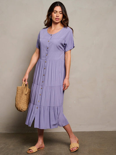 WOMEN'S SHORT SLEEVE TIERED BUTTON UP MAXI DRESS