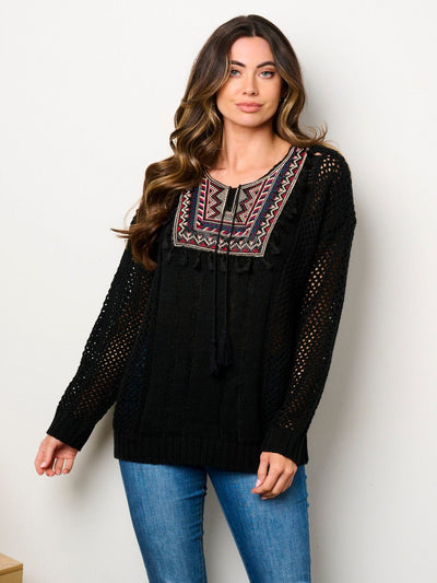 WOMEN'S LONG SLEEVE EMBROIDERY NECK DETAILED BLOUSE TOP