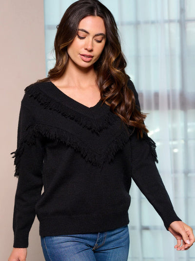 WOMEN'S LONG SLEEVE V-NECK FRINGE DETILED PULLOVER SWEATER