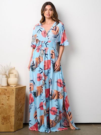 WOMEN'S SHORT SLEEVE SURPLICE SMOCK WAIST PRINTED MAXI DRESS