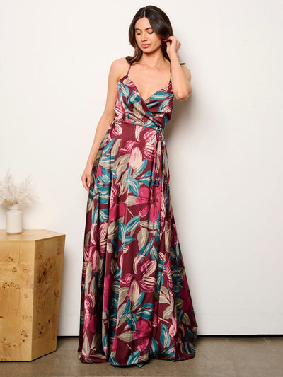 WOMEN'S SLEEVELESS V-NECK OPEN BACK FLORAL WRAP MAXI DRESS