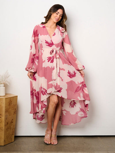 WOMEN'S LONG SLEEVE SELF TIE HIGH-LOW FLORAL PRINT SURPLICE MIDI DRESS