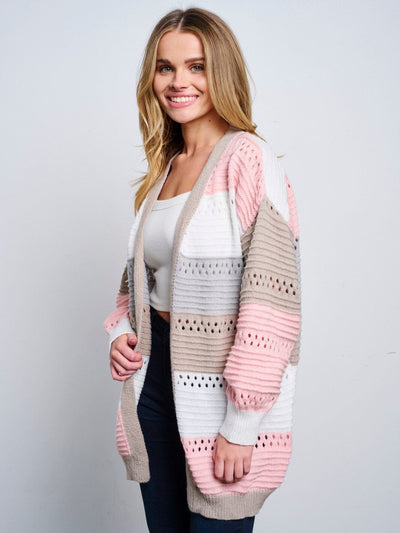 WOMEN'S LONG SLEEVE OPEN FRONT KNIT COLORBLOCK CARDIGAN