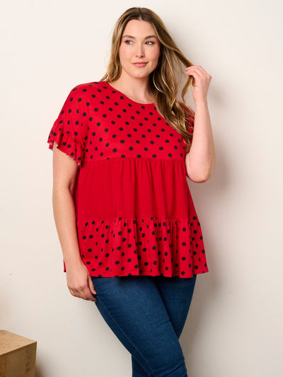 PLUS SHORT SLEEVE POLKA DOT COLORBLOCK TUNIC TOP