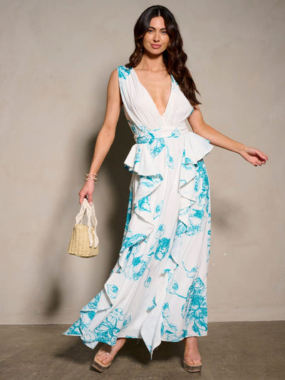 WOMEN'S SLEEVELESS V-NECK RUFFLE PRINTED MAXI DRESS