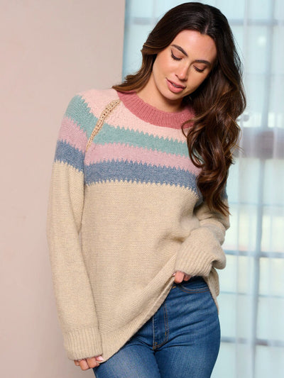 WOMEN'S LONG SLEEVE COLORBLOCK STRIPES PULLOVER SWEATER