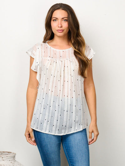 WOMEN'S SHORT RUFFLE SLEEVE SHIMMER PRINT TUNIC TOP