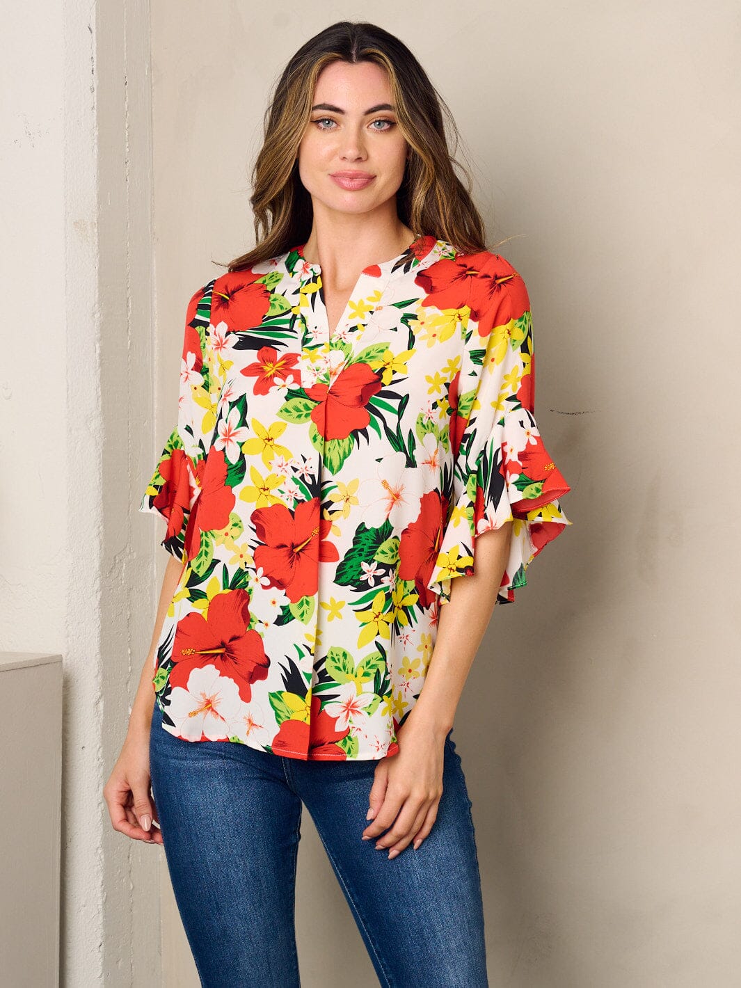 WOMEN'S 3/4 RUFFLE SLEEVE BUTTON UP FLORAL BLOUSE TOP ...