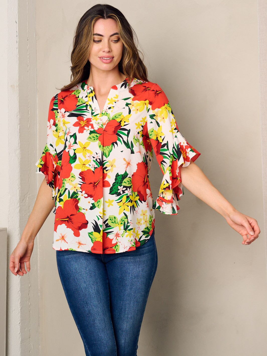 WOMEN'S 3/4 RUFFLE SLEEVE BUTTON UP FLORAL BLOUSE TOP ...