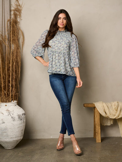 WOMEN'S 3/4 SLEEVES MOCK NECK FLORAL TUNIC TOP