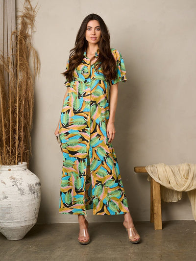 WOMEN'S SHORT PUFF SLEEVE BUTTON UP POCKETS FLORAL MAXI DRESS