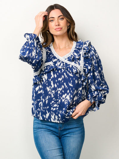 WOMEN'S LONG SLEEVE V-NECK RUFFLE PRINTED BLOUSE TOP