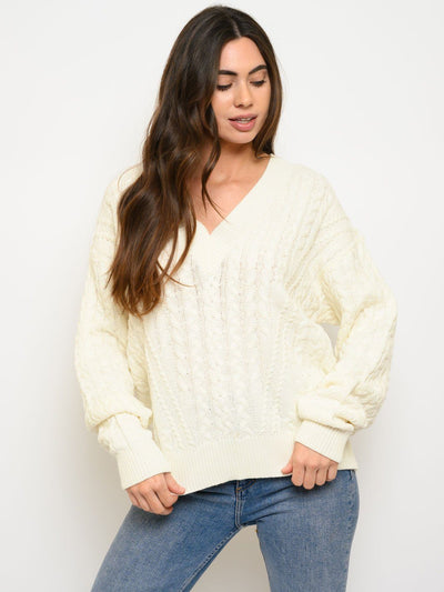 WOMEN'S LONG SLEEVE CABLE KNIT V-NECK SWEATER
