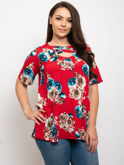 PLUS SIZE FLORAL FRONT LACE UP TUNIC TOP