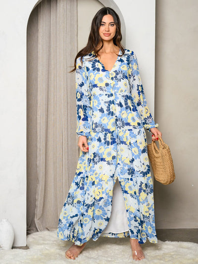 WOMEN'S LONG SLEEVE BUTTON UP TIERED FLORAL MAXI DRESS
