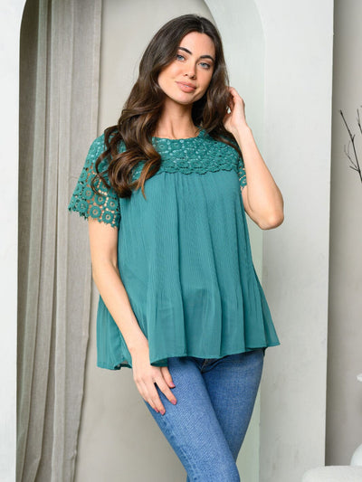 WOMEN'S SHORT SLEEVE LACE PLEATED TOP