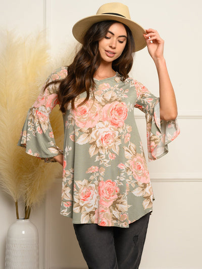 WOMEN'S 3/4 BELL SLEEVE TUNIC FLORAL TOP