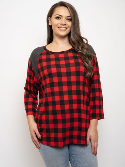 PLUS SIZE 3/4 SLEEVES TUNIC PLAID TOP