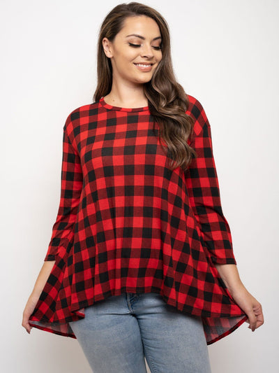 PLUS SIZE 3/4 SLEEVES HIGH-LOW TUNIC PLAID TOP