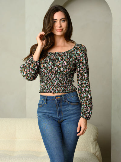 WOMEN'S DITSY FLORAL PRINT WITH SMOCKING WAIST & SELF TIE LONG SLEEVE TOP