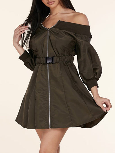 WOMEN'S OFF SHOULDER ZIP UP WITH BELT MINI DRESS