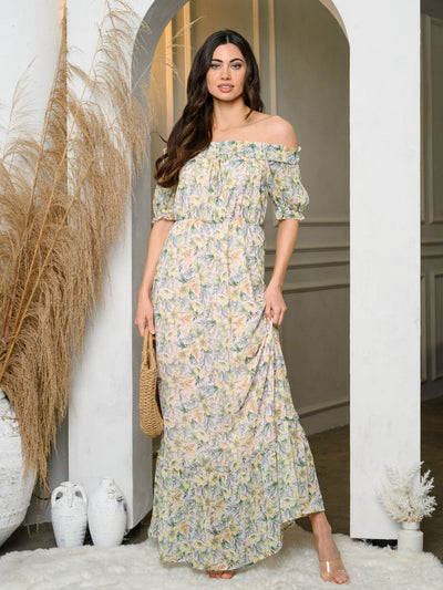 WOMEN'S OFF SHOULDER ELASTIC WAIST FLORAL MAXI DRESS