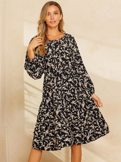 WOMEN'S LONG SLEEVE TIERED FLORAL MIDI DRESS