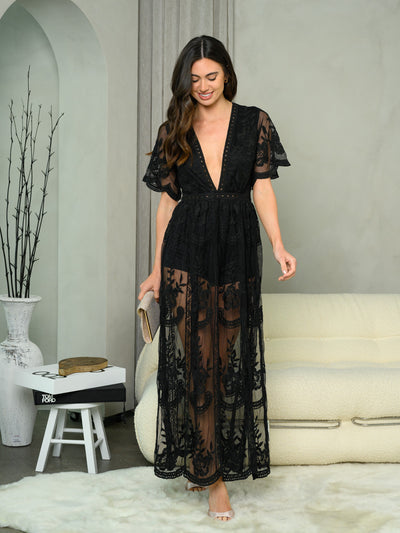 WOMEN'S SHORT SLEEVE V-NECK ALL OVER LACE MAXI DRESS