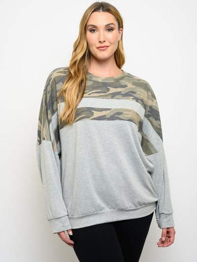 PLUS SIZE ARMY PRINT LONG SLEEVE TOP