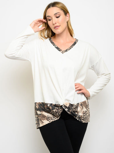 PLUS SIZE ANIMAL PRINT FRONT TWIST LONG SLEEVE TOP