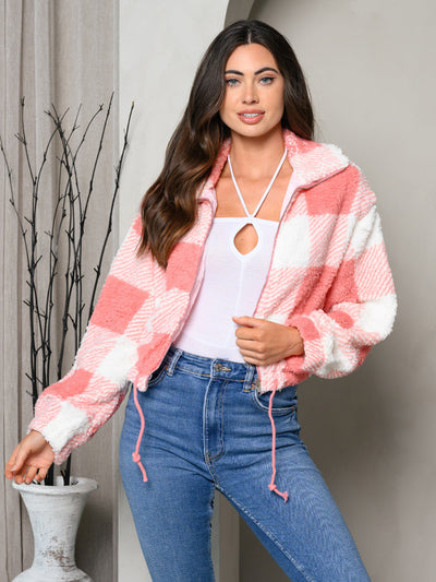 WOMENS LONG SLEEVE ZIP UP PLAID CROP JACKET