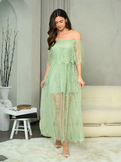 WOMEN'S OFF SHOULDER ALL OVER LACE MAXI DRESS