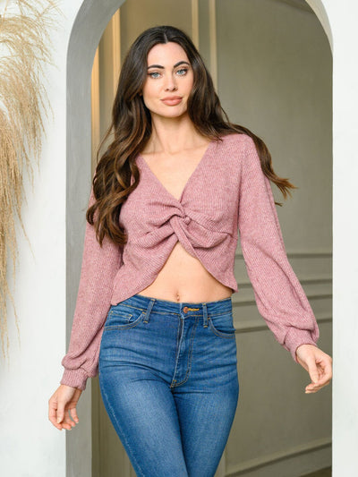 WOMEN'S LONG SLEEVE V-NECK FRONT TWIST TOP