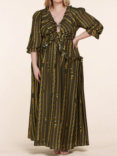 PLUS SIZE 3/4 SLEEVE V-NECK CHAIN PRINT MAXI DRESS