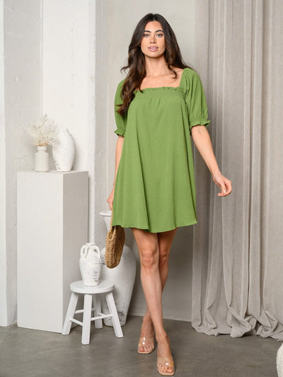 WOMEN'S SHORT PUFF SLEEVE SQUARE NECK TUNIC MINI DRESS