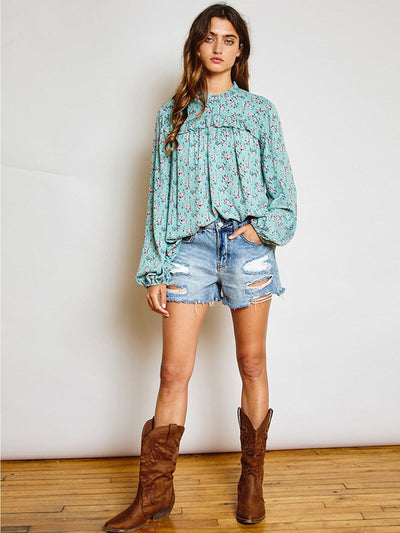 WOMEN'S LONG PUFF SLEEVE BABYDOLL FLORAL TUNIC TOP